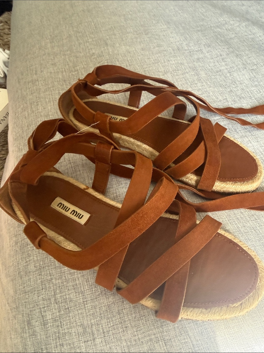 Miu Miu Tan Suede Lace-Up Espadrille Sandals